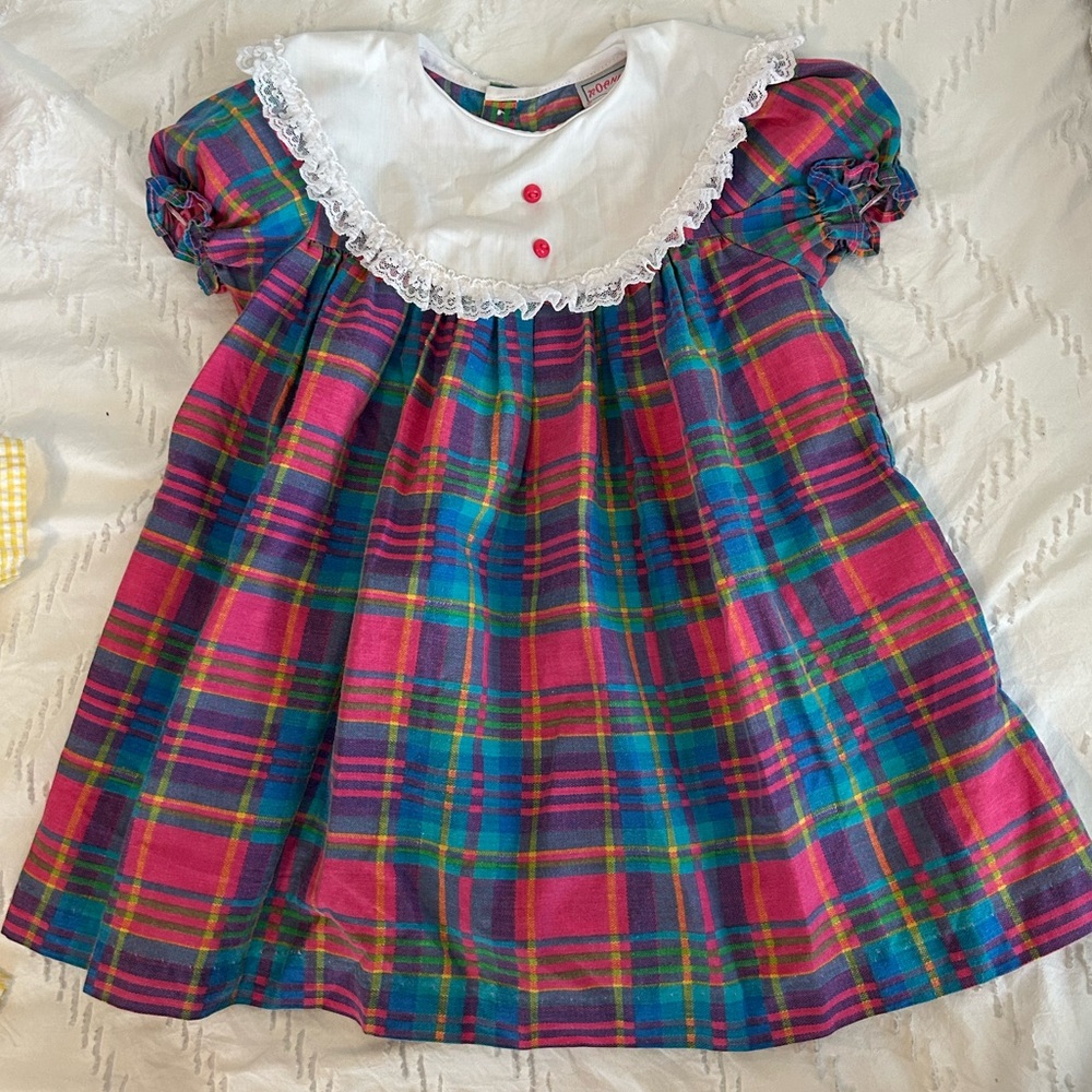 Vintage Roanna Rainbow Plaid 80s/90s Dress Pink Puff Sleeve Party Cute - Size 5?